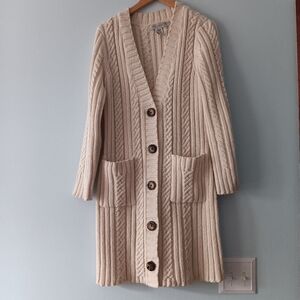 Nine West Cream Chunky Cable Knit Button-Front Cardigan Cozy M